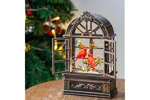 SUNFACE 8.5" Christmas Musical Snow Globe, Three Cardinals on The Tree, Spinning Snowflakes with Timer, Sings, Flashing Water Lights, USB/Battery