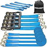 AWELCRAFT Ratchet Straps (4PK) - 4500lbs Breaking Strength 1.5''×15' Heavy Duty Tie Down Straps with Padded Handles, Double J Hooks & Soft Loops for Moving Motorcycle, Trailer & Trucks (Blue)