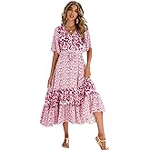 R.Vivimos Women's Short Sleeve V Neck Cotton Beach Floral Buttons Midi Dresses