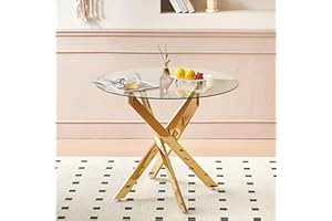 Round Glass Dining Table with Gold X-Shaped Legs, (90×90×75cm) Modern Kitchen Table, Tempered Glass Top & Metal Base for Dini