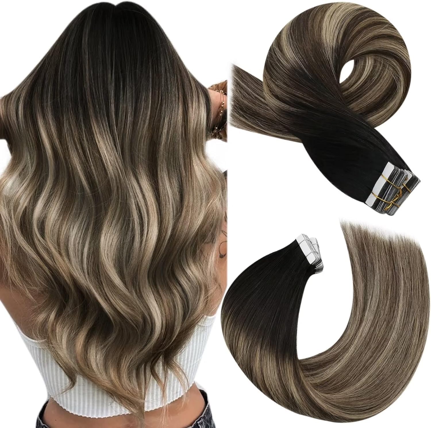 Moresoo Tape in Hair Extensions Human Hair 22 Inch Balayage Natural Black to Dark Brown with Caramel Blonde Ombre Hair Extensions Tape in Remy Straight Hair 20 Pieces/50g #1B/3/27 — image 1