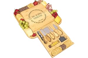 Personalized Bamboo Cheese Board with Cheese Knives & Accessories – Custom Engraved Charcuterie Board Gift Set, Wedding for C