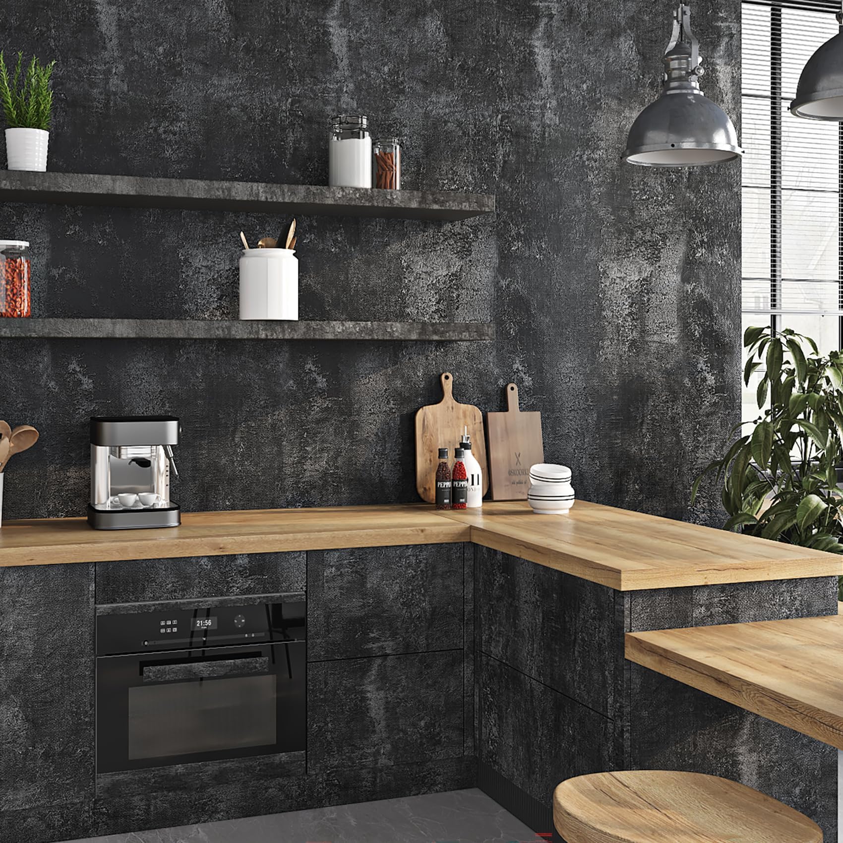 Photo 1 of Livelynine Black Textured Concrete Wallpaper Peel and Stick for Bedroom Kitchen Living Room Accent Wall Dark Concrete Contact Paper Countertops Industrial Cement Wall Paper Bathroom Garage 15.8x78.8