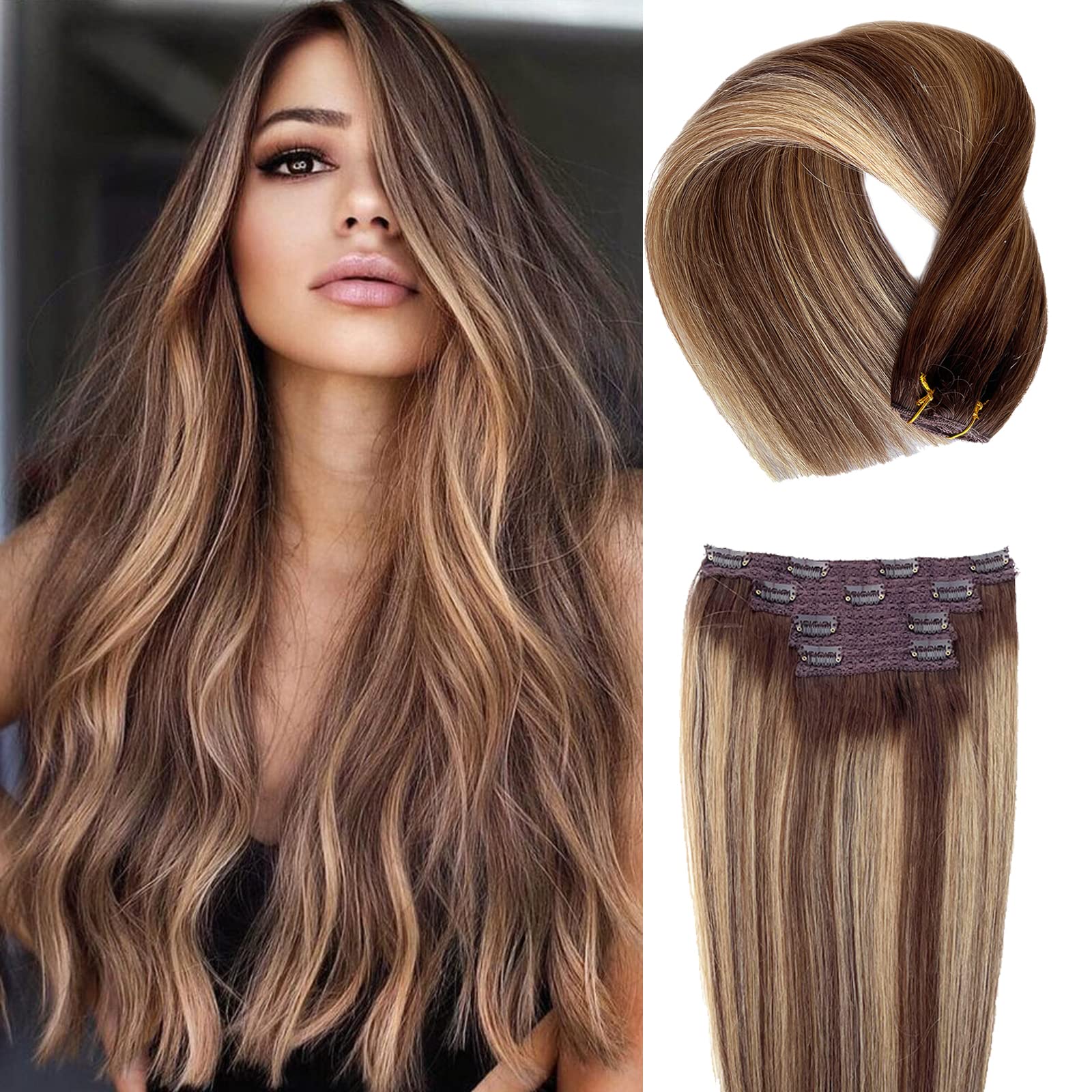 Photo 1 of Hair Extensions Clip ins, 4Pcs 85g Clip in Hair Extensions Real Human Hair, Seamless Lace Clip in Hair Extensions Ombre Brown with Blonde Highlights, Remy Human Hair Extensions Clip ins 14 Inch