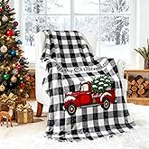 QDVXZA Christmas Throw Blanket, Black and White Plaid Red Truck Christmas Decorations Winter Warm Flannel Throw Blanket Farmhouse Holiday Xmas Blankets for Couch Gifts for Kids Women,50"x 60"