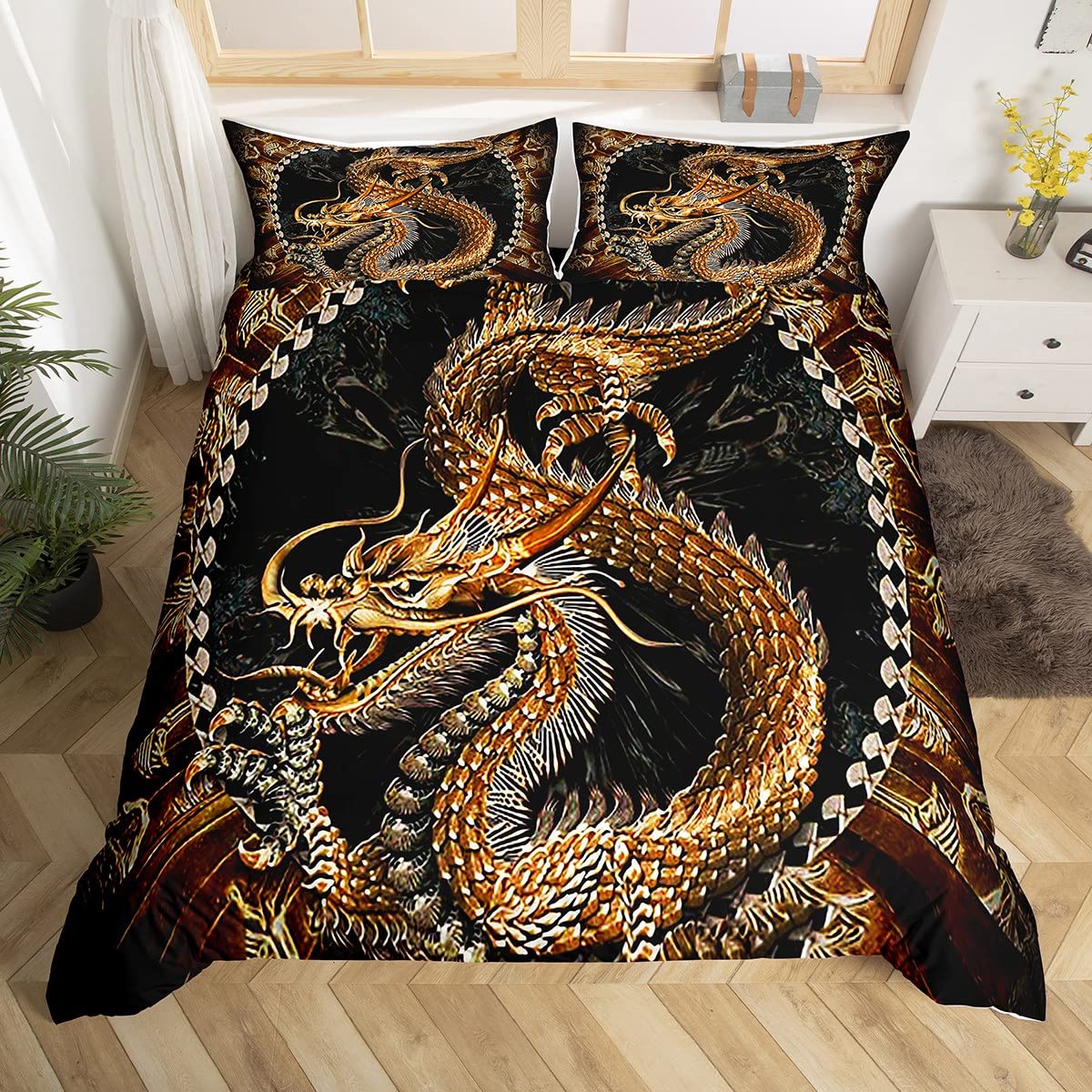 Dragon Kids Bedding Set Mythical Animal Creature Art Dragon Bedding Duvet Cover Set For Girls Women Black Gold Comforter Cover Set Magical Quilt Cover 3Pcs Double Size