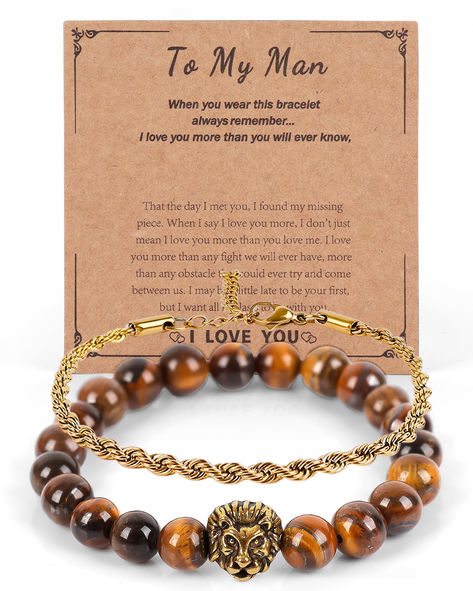 COZEFFIC Mens Beaded Bracelets Tiger Eye 8mm Natural Stone Beads Adjustable Bracelet Set, Stainless Steel Chain Link Bracelet Jewelry for Men Birthday Anniversaries Gifts Boyfriend Husband Him
