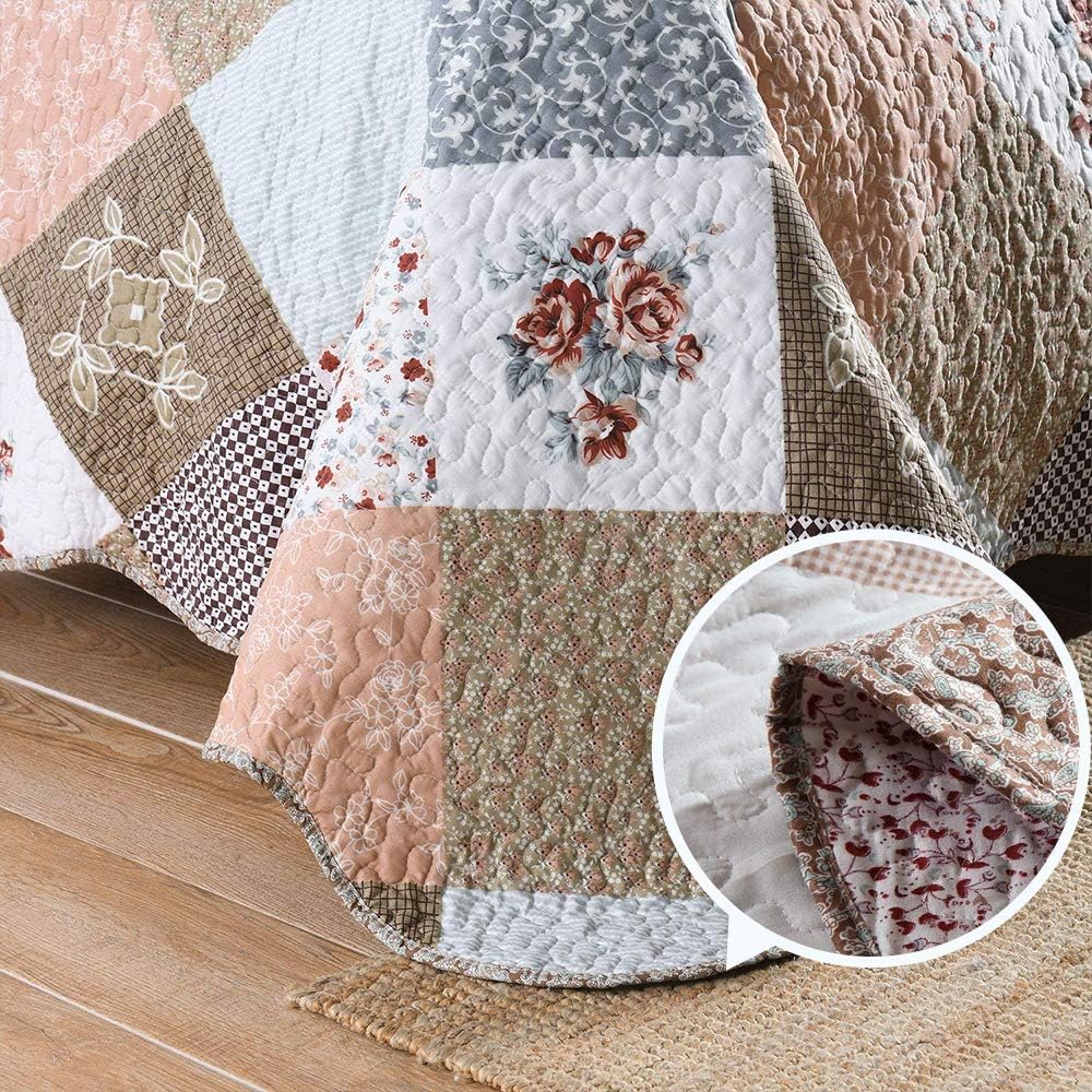 ENJOHOS 3-Piece Pink Grey Quilt Bedspread Sets King Size Coverlet Lightweight Reversible Bedspread for King Bed Korean Style Flower Garden on Pink Checker Daybed Bedding（Pink Flower Plaid2）: Home & Kitchen