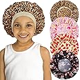 4 PCS Kids Satin Bonnet Child Sleeping Cap,Soft Silk Bonnet Elastic Wide Band,Breathable Baby Bonnets Night Sleep Caps,Colorful Night Hats Satin Cap for Girls Toddler Teens Natural Hair (Cute Pattern)
