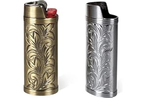 HUMWE 2 Pack Vintage Metal Lighter Case Cover Front Floral Engraving Reusable Lighter Sleeve for Bic J6 Regular Lighters (Style2-Bronze&Silver, 2)
