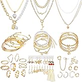 17IF 53 PCS(8 PACK) Silver Plated Jewelry Set with 6 Necklace 11 Ankle Bracelet 30 Kunckle Ring 6 Pair Earring hoop Vintage Boho Pearl for Women Birthday Travel Holiday
