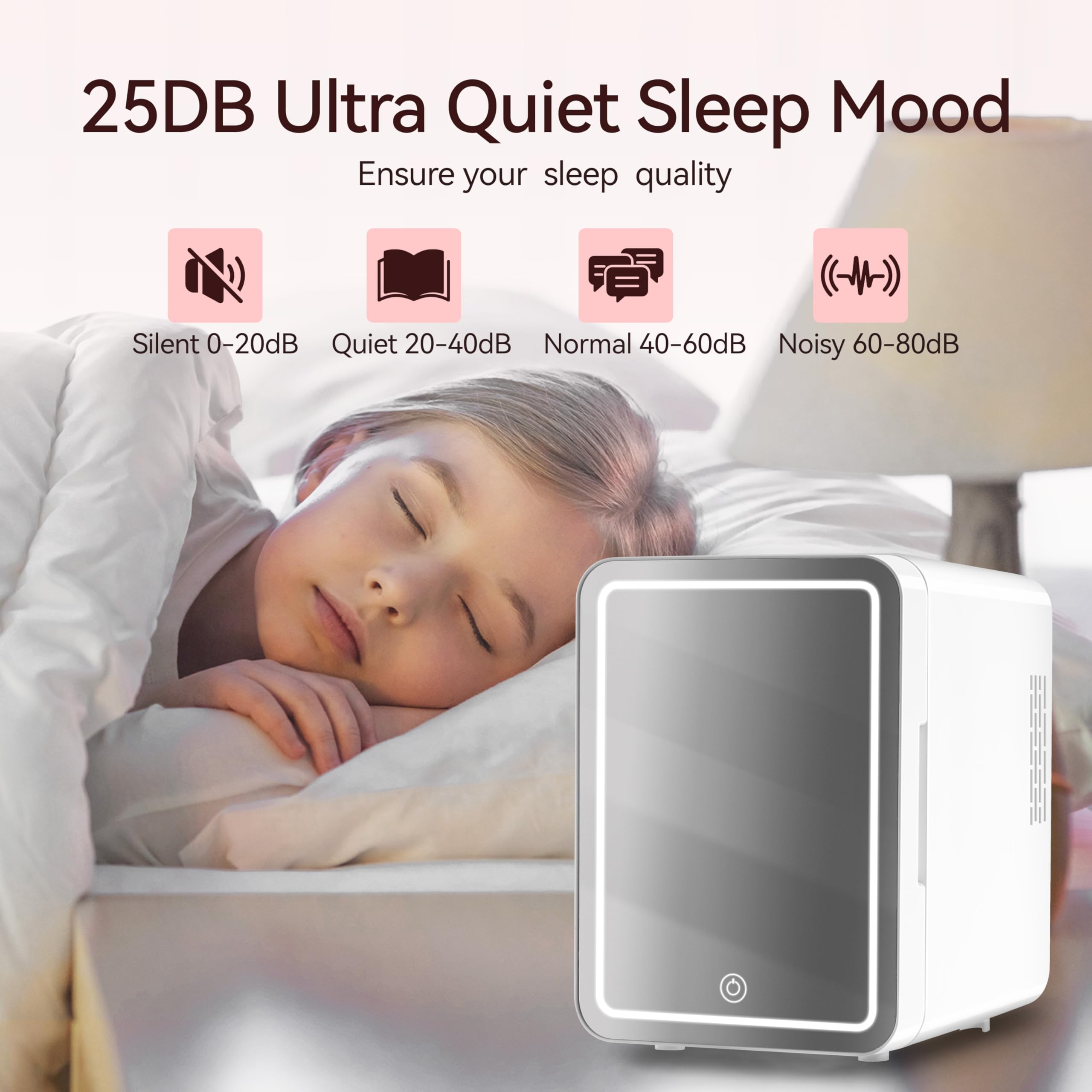 Skincare Fridge With Dimmable LED Mirror, 4L Makeup Mini Fridge for Bedroom, Cosmetics, SkinCare, Cooler & Warmer, Portable Small Refrigerator for Car, Office and Food- White - Image 6