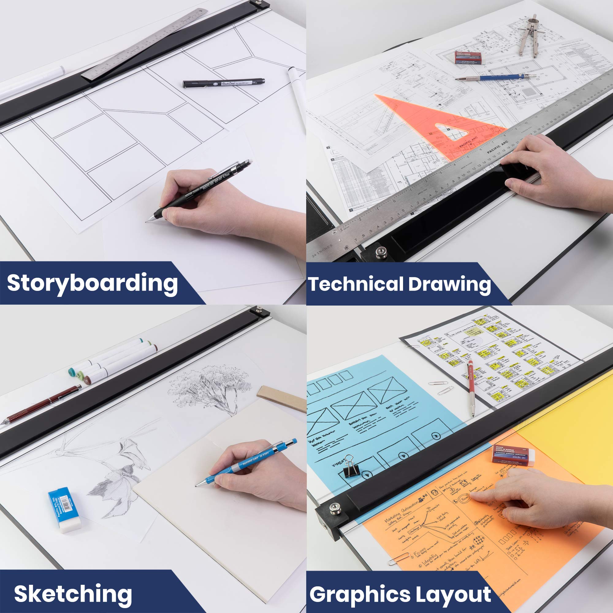 Pacific Arc Drafting Board, Portable Drafting Table With Parallel Bar