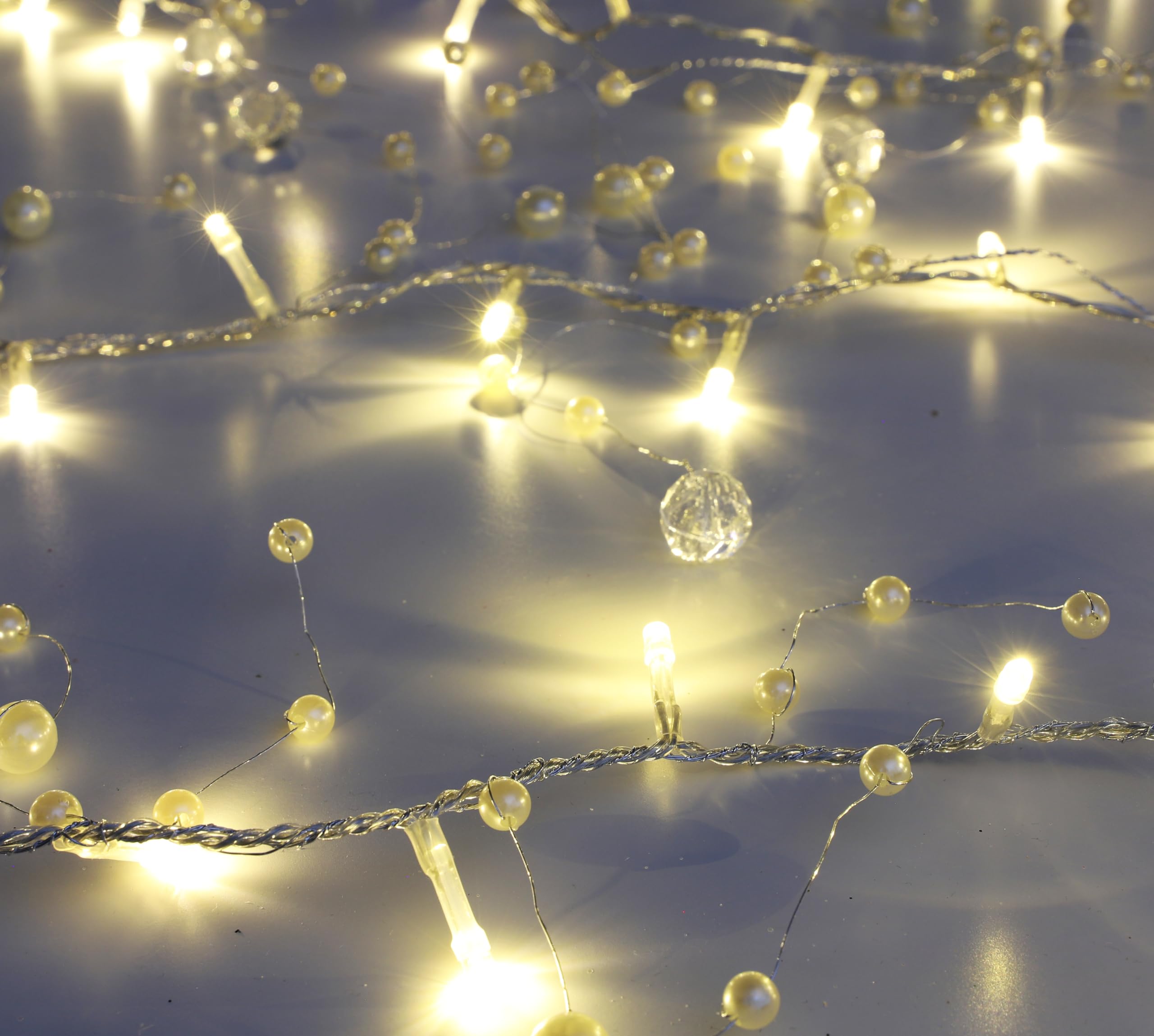 Christmas Concepts® 2.7m (9ft) Ivory Beaded Garland 50 Clear Micro Lights-Home Or Christmas Lights