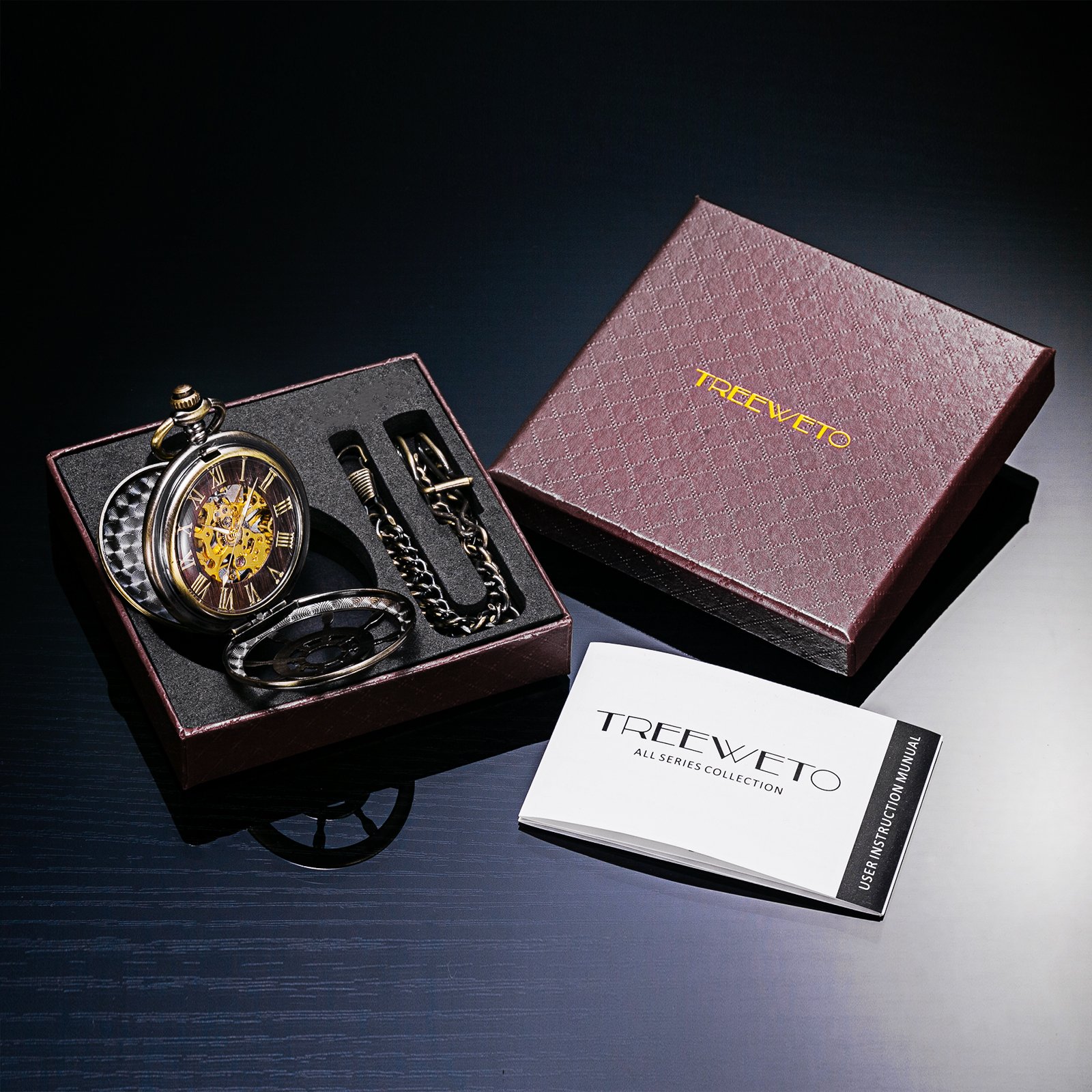 TREEWETO Bronze Rudder Pocket Watch Double Cover Roman Numerals Dial Skeleton Man Women Pocket Watches for Men