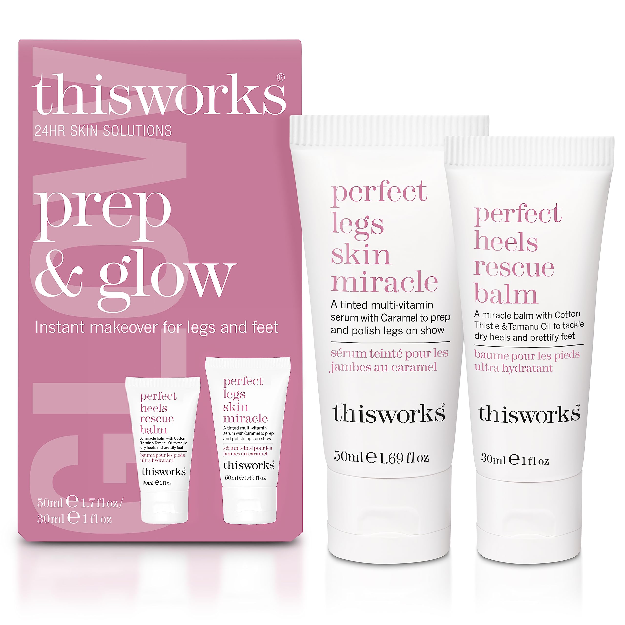 This Works Prep and Glow Gift Set - Travel Size Kit with Perfect Legs Skin Miracle and Perfect Heels Rescue Balm Foot Cream - Nourishing & Hydrating Bodycare Duo