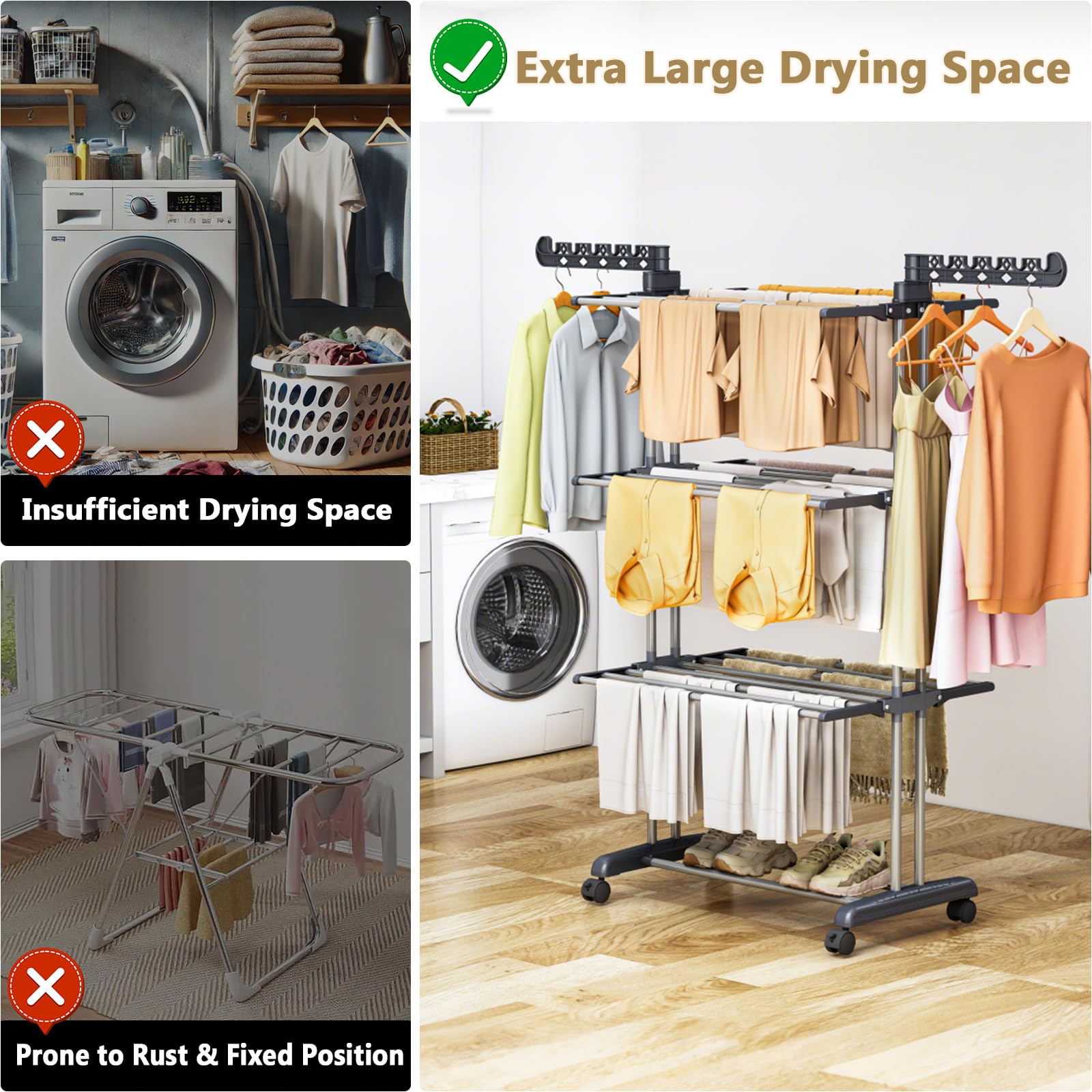 PurKeep Thicken & Durable Clothes Airer, Extra Large 4-Tier Capacity Foldable Clothes Drying Rack with Wheels, Stainless Steel Clothes Horse for Indoor/Outdoor Use in Bedroom, Laundry Room