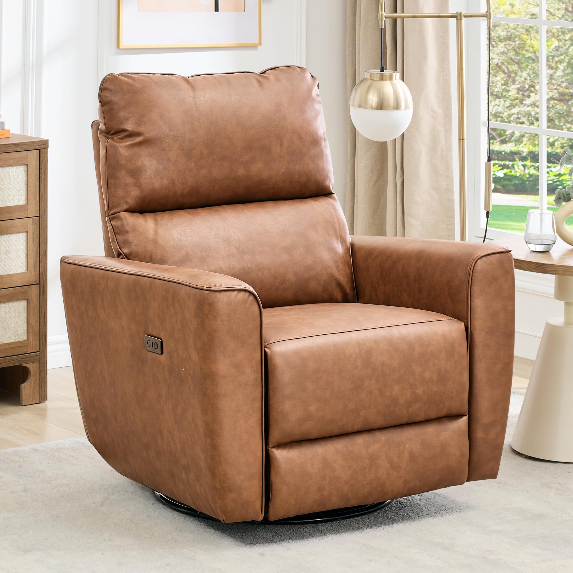 Photo 1 of ***MISSING PARTS***Power Recliner Chair, 270° Swivel Rocking Glider with USB Charging Port, PU Leather Upholstered Fabric, Ergonomic Modern Nursery Chair for Living Room, Bedroom, Nursery (Power Brown)