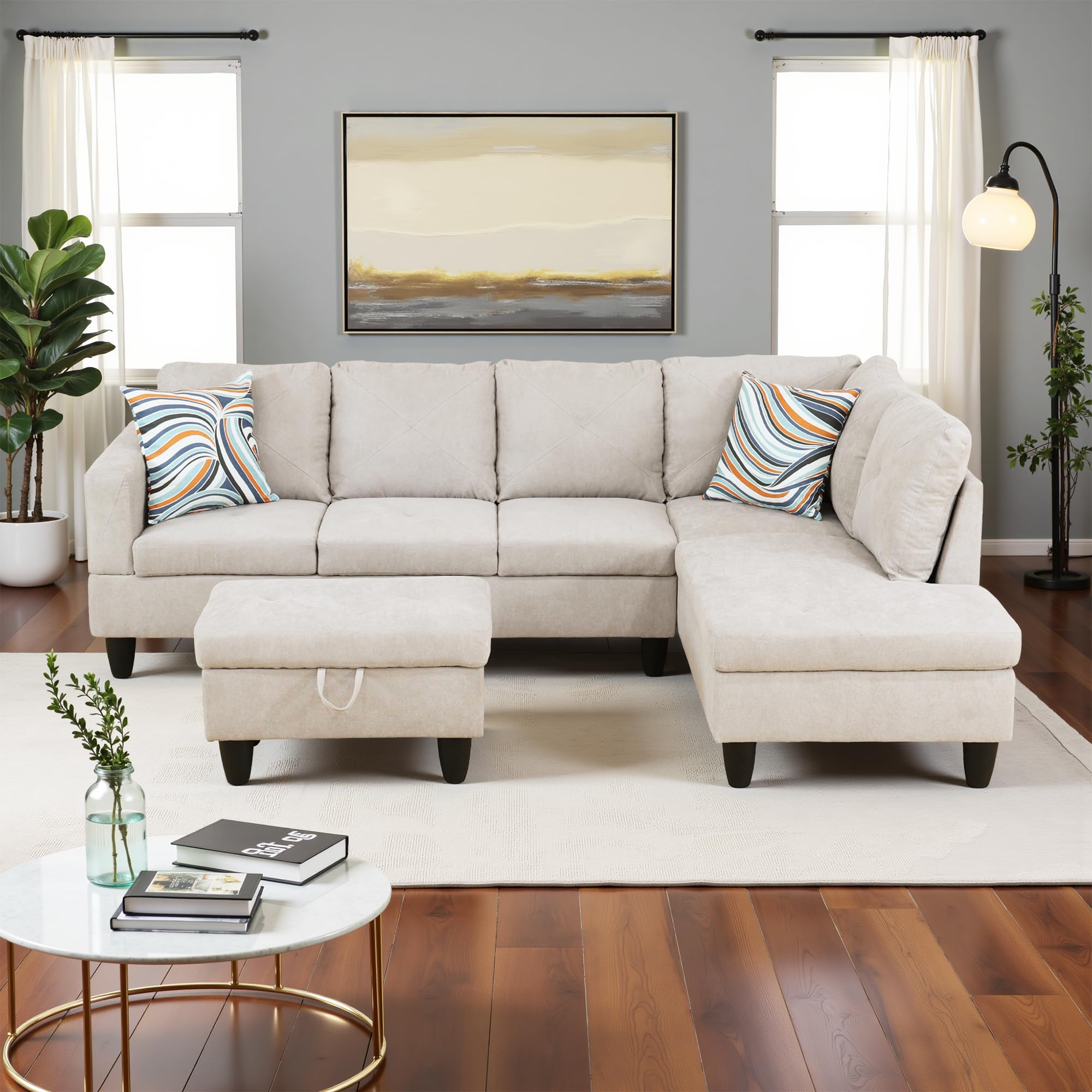 Photo 1 of ****MULTIPLE BOX SET, LEFT & RIGHT CHAISES ONLY, NO OTTOMAN**** Lyngins Couches for Living Room Modern L Shaped Couch Comfy Flannelette Fabric 3 Pieces Sectional Sofa with Chaise, Ottoman with Storage for Office and Small Apartment, Off-White