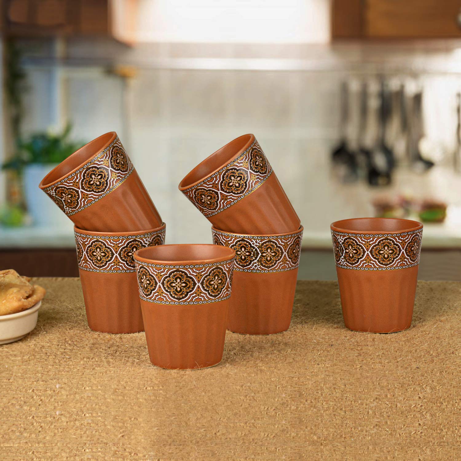 Buy StyleMyWay Ceramic Printed Chai Tea Kullads (Terracotta Brown, Set