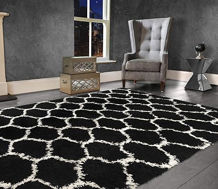 Shaggy Rug Geometric Design Modern Rugs Living Room Extra Large Small Rectangular Size Soft Touch Thick Fluffy Pile Living Room Area Rugs Non Shedding Black 120cm X 170cm 4ft X 6ft Amazon Co Uk