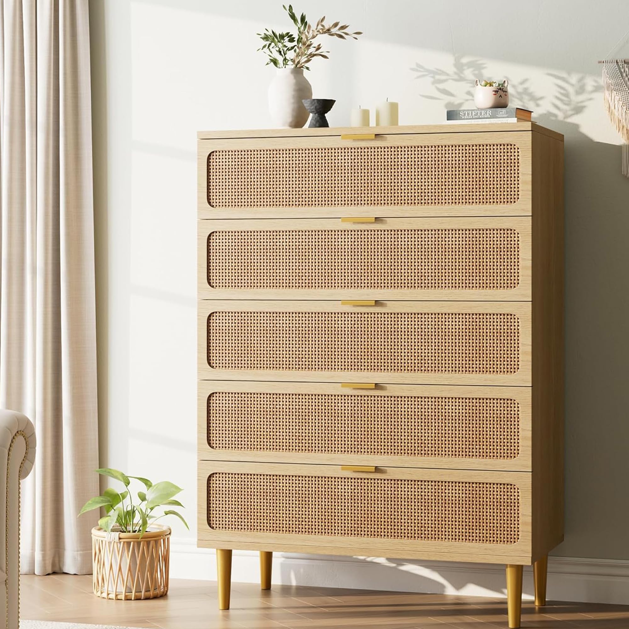 Photo 1 of ***DAMAGED -SELLING AS PARTS ONLY*** Garvee Rattan Dresser with 5 Drawers, Tall Modern Closet with Deep Storage, Large Chest of Drawers with Wide Top, Long Wooden Dresser for Bedroom, Living Room, Hallway, Kids Room, Natural