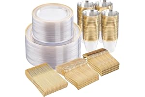 WELLIFE 600pc Gold Trim Plastic Dinnerware Set for Party: 100 Dinner Plates, 100 Dessert Plates, 300 Cutlery