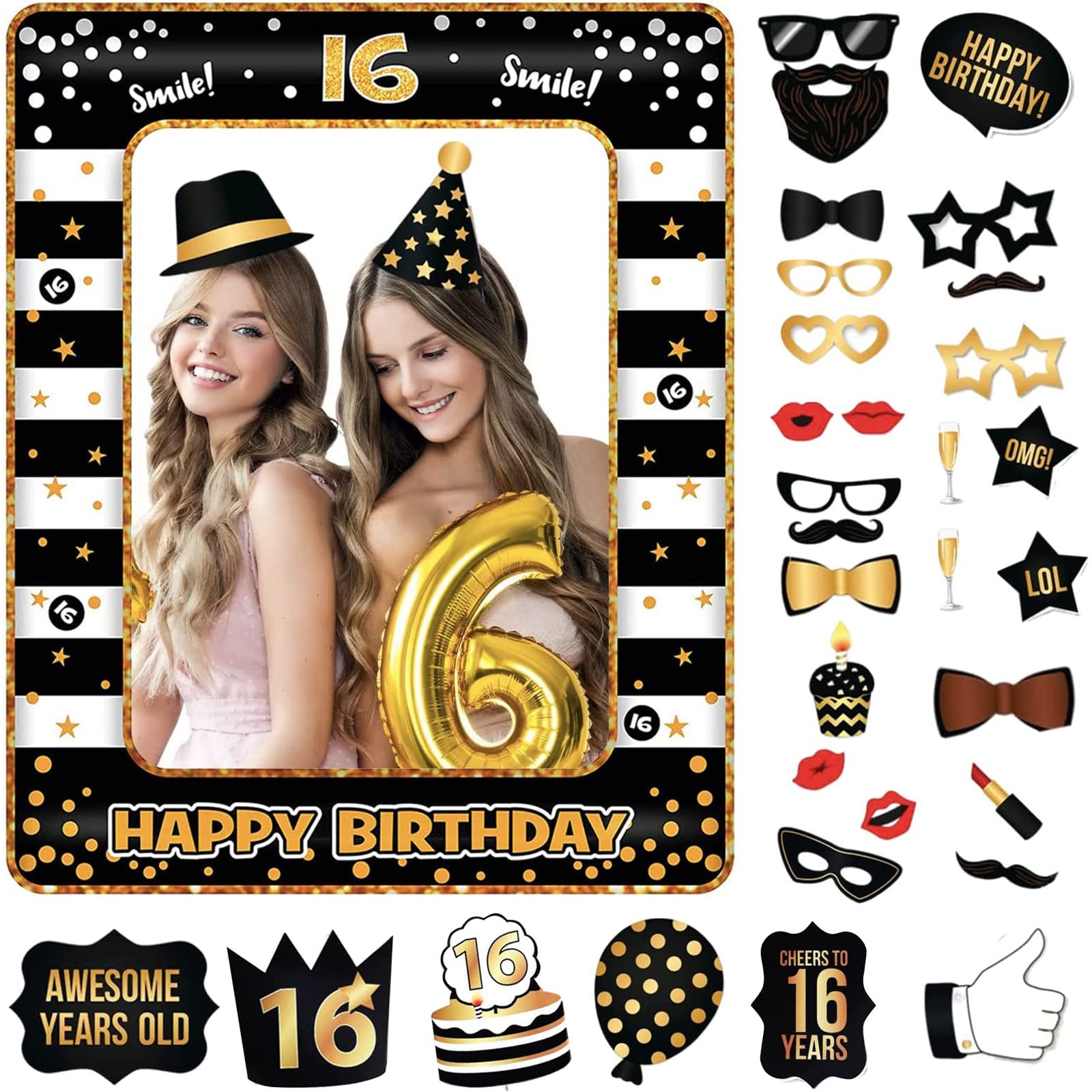 POPOYU 16th Birthday Decorations Girls Boys, Black Gold Inflatable Selfie Frame&25Pcs Photo Booth Props, Giant Party Frame for Boys Decorations, 10x20cm