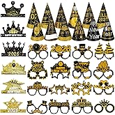 Sploziia 34 Pcs New Years Eve Party Supplies 2026, New Years Decorations 2026 Black and Gold Top Hats Tiaras Crown Paper Cone Hats Glasses Nye Accessories Props Outfit