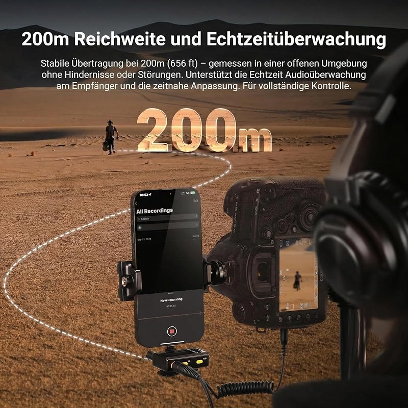 CM28 Drahtloses Lavalier Mikrofon, intelligentes Lav Mic mit Geräuschunterdrückung, 48 kHz/16 Bit, 200m Reichweite, 4GB, für iPhone Android Kamera, 1 Empfänger + 2 Sender + Ladecase