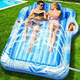 83" X 60" Inflatable Tanning Pool Lounger Float with Sprinkler for Adults | Extra Large Pool Float with Pillow&amp;Drink Holder, 6 in 1 Suntan Tub Raft Floatie Toy, Sunbathing Water Filled Tanning Bed,Blue