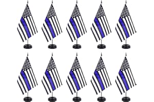 ZXvZYT Thin Blue Line Flag Banner USA Thin Blue Line Desk Flag Set Small Mini Police Office Table Stick Flags with 12" Solid Pole Black Stand Base Decorations (12 Pack)