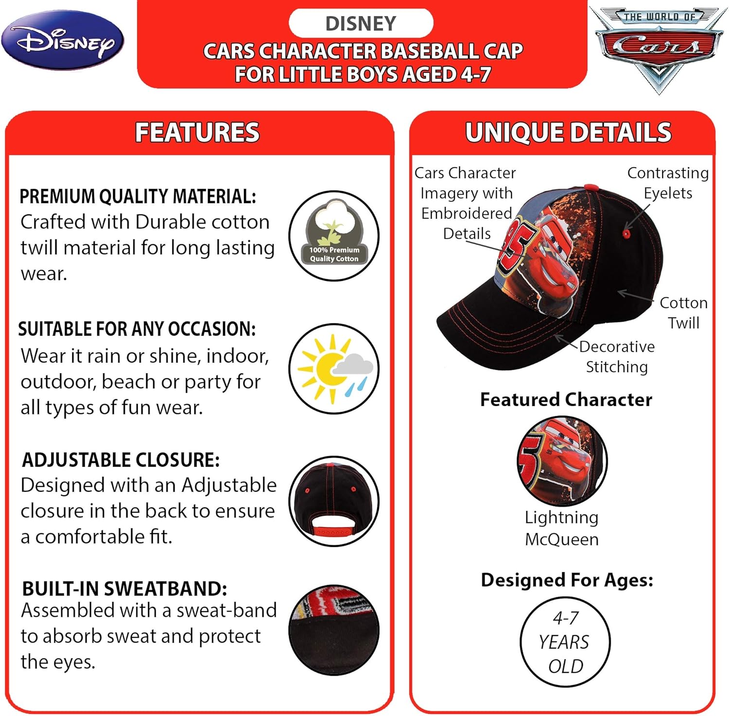 Disney Little Boys' Cars Lightning McQueen Character Cotton Baseball Cap, black/Red, Ages 4-7: Clothing