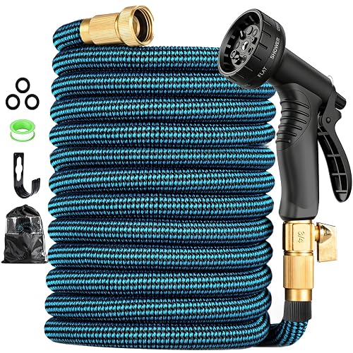 Expandable Garden Hose 100ft Water Hose with 10 Function Nozzle Flexible Expending Hose Kink Free,3-Layers Latex and 3/4 Solid Solid Fittings Retractable Collapsible Gardening Hose Pipe with Hook Blue