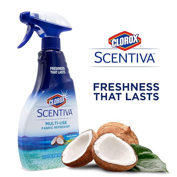 CLOROX SCENTIVA FABRIC REFRESHER SPRAY FOR HOUSEHOLD HOME FABRICS, ODOR REFRESHING SPRAY FOR UPHOLSTERY, CURTAINS, BEDDING AND CARPETS, PACIFIC BREEZE COCONUT SCENT, 16.9 FL OZ