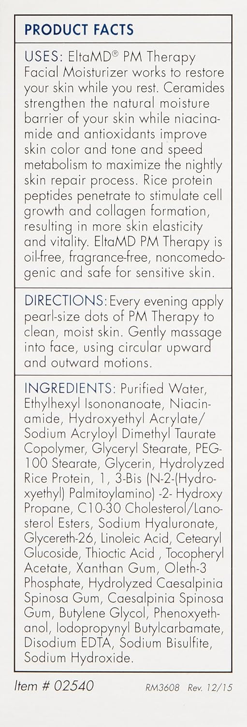 EltaMD PM Therapy Face Moisturizer with Hyaluronic Acid, Oil-Free, Fragrance-Free, Noncomedogenic, Repairs and Restores Skin, 1.7 oz: EltaMD: Premium Beauty