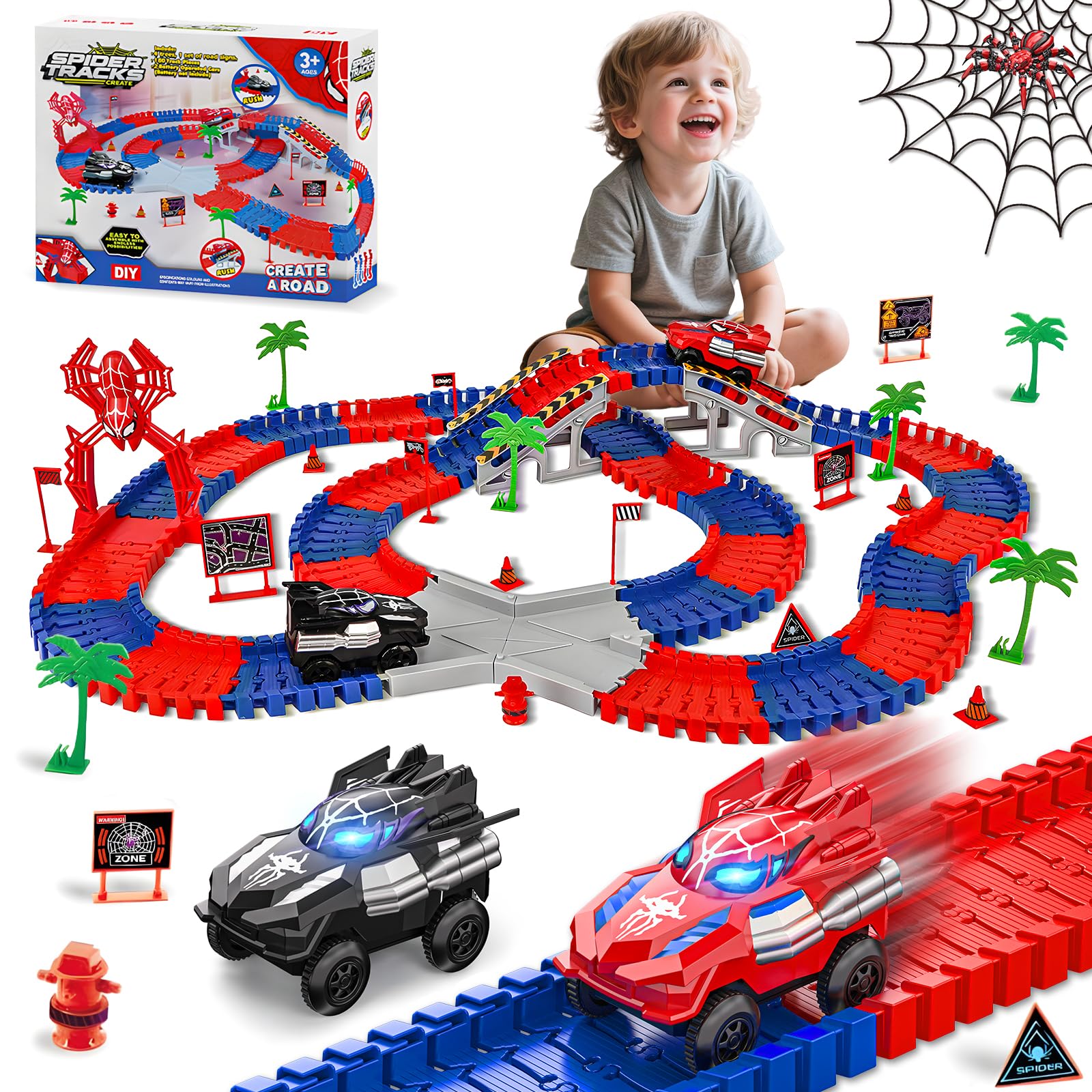 Spider Construction Race Track Set - Car Racing Track Building Toys for 3 4 5 6 7 8 Year Old Boys Girls, Toddler Flexible Ramp Tracks Playset, Kids Christmas Birthday Gifts Presents Age 3-8 (212 PCS)
