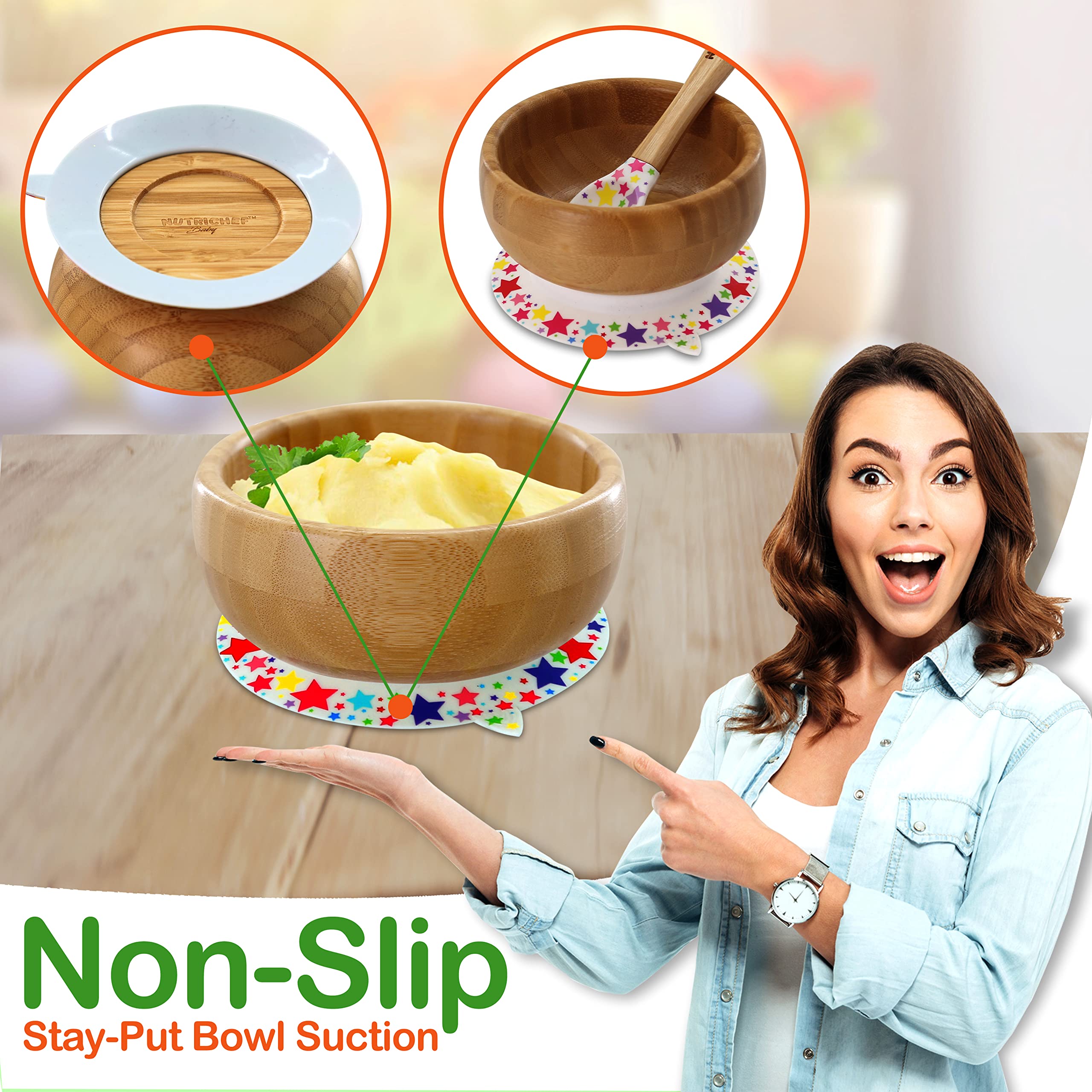 NutriChef Bamboo Baby Feeding Bowl - Wooden Infant Toddler Dish and Spoon Set w/Silicone Suction Base for Stay Put Eating, For Children Aged 4-72 Months (Star Bowl)
