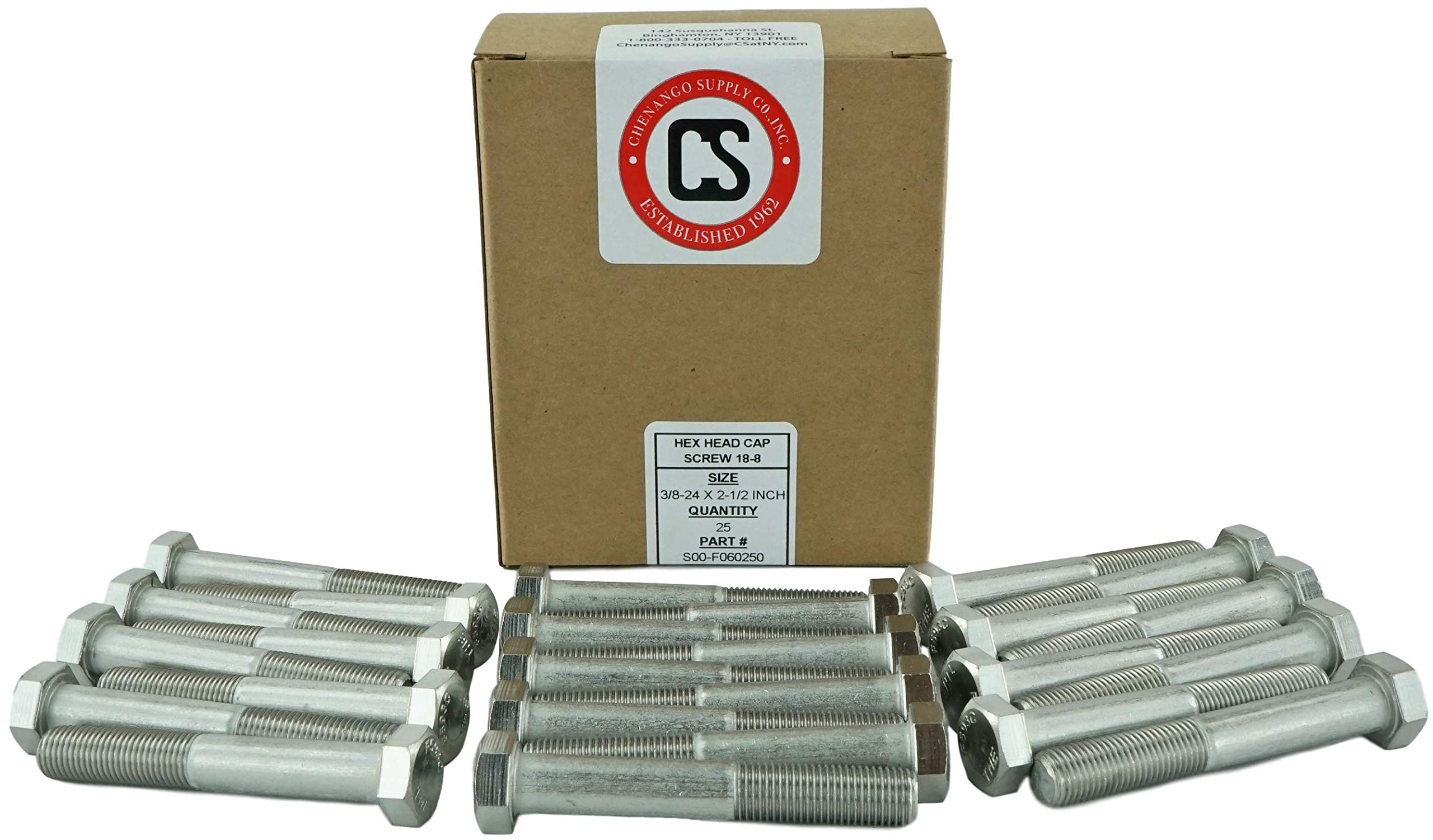 Stainless 3/8-24 x 2-1/2" Hex Head Bolts (3/4" to 5" Length in Listing), 304 Stainless Steel, SAE Fine Thread, 25 Pieces (3/8-24 x 2-1/2")