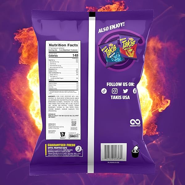 TAKIS FUEGO 17 OZ FIESTA SIZE BAG, HOT CHILI PEPPER & LIME FLAVORED EXTREME SPICY ROLLED TORTILLA CHIPS