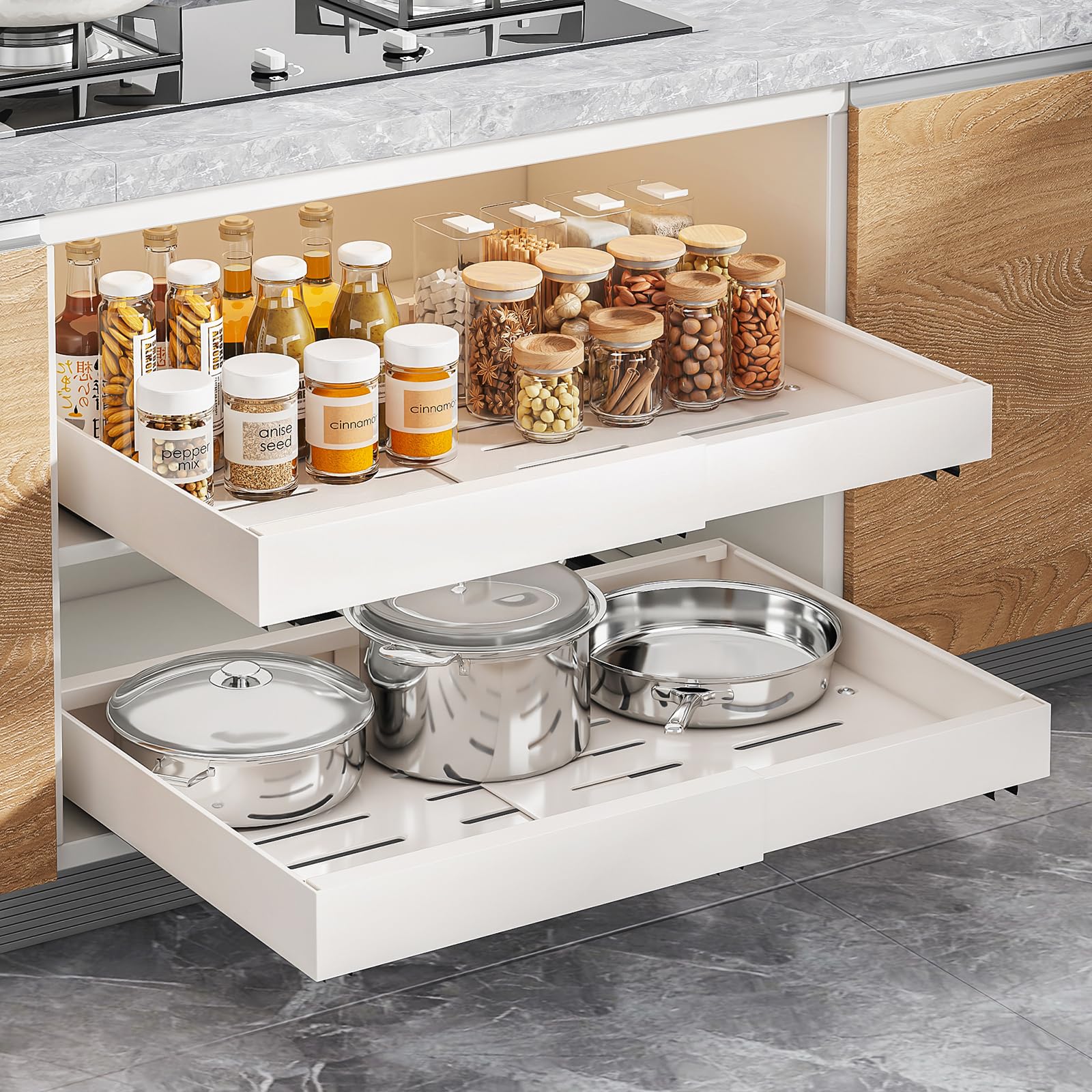 Photo 1 of 2 Pack Pull Out Cabinet Organizer, Expandable Width (12.2"-20.4") x 21'' Deep Slide Out Drawers for Kitchen Pantry Bathroom Cabinets, Load-Bearing Upgrade 3 Slide Rails Fixed with Adhesive Nano Film