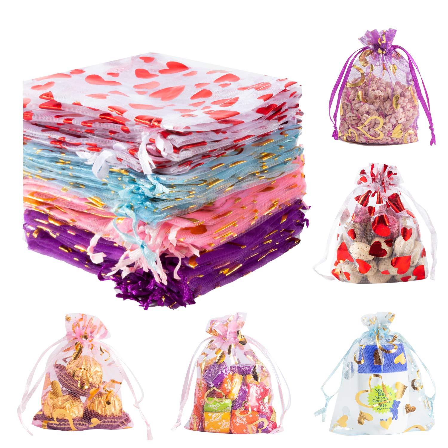 Derbway 80pcs Organza Bags, Jewelry Drawstring Pouches Wedding Favor Bags,Red/Pink/Blue/Purple