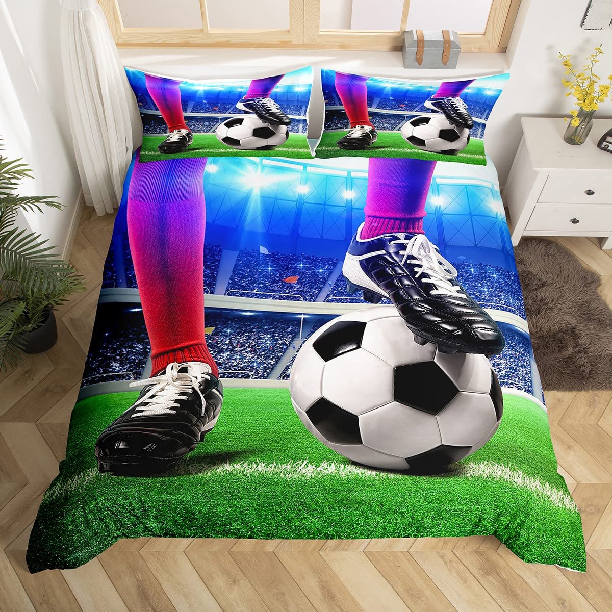 Football Bedding Set Kids Soccer Ball Comforter Cover Set for Boys Teens Football Player Competitive Games Duvet Cover Breathable Sports Double