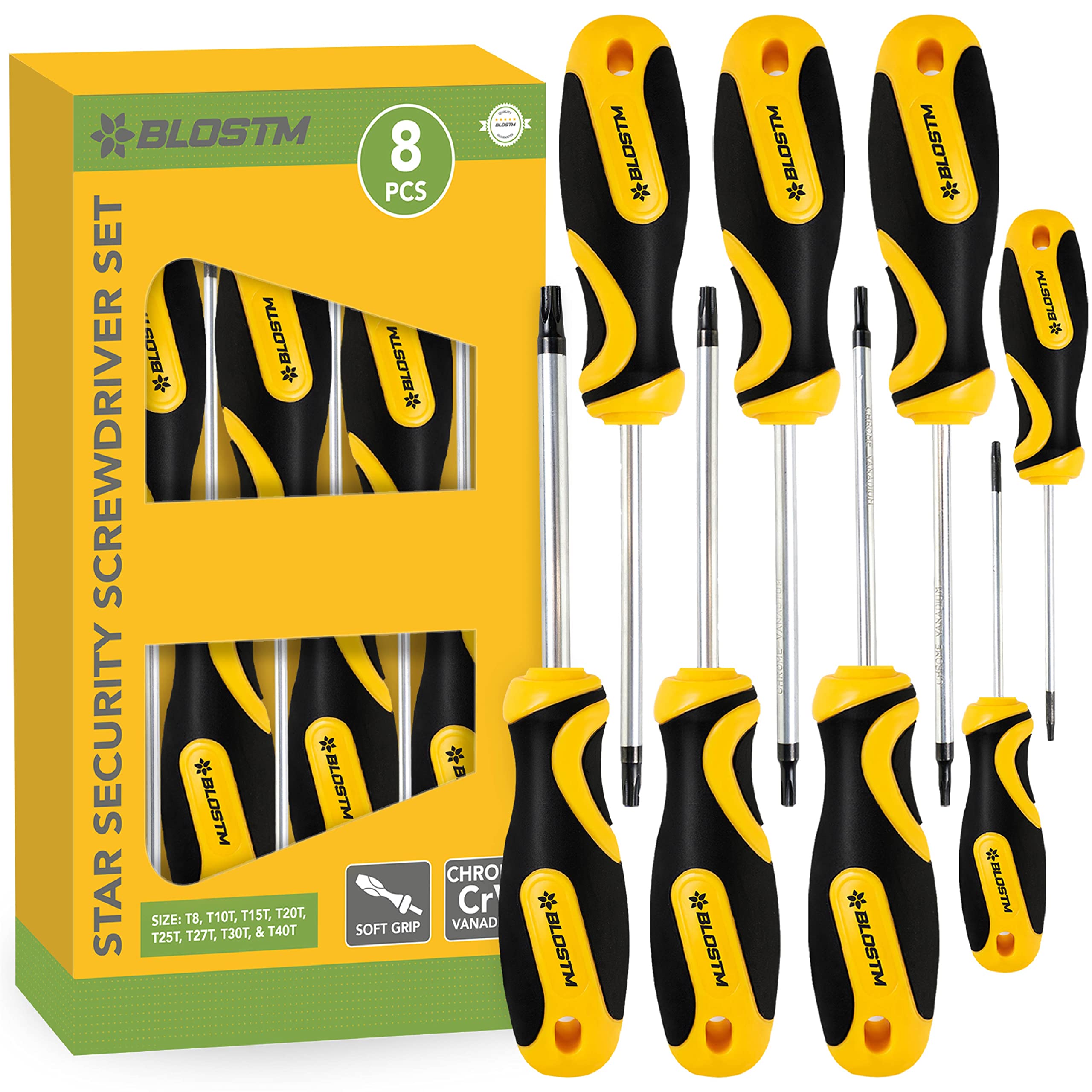 BLOSTM 8 Piece Star Screwdriver Set - Tamperproof TX Security Screwdriver Set, Chrome Vanadium Steel with Soft Grip Handles (T8, T10T, T15T, T20T, T25T, T27T, T30T & T40T) for DIY, Repairs - 8 PCS