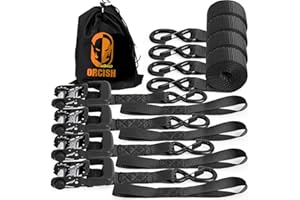 ORCISH Retractable Ratchet Straps Kit (4PK) - Total 1.5" x 9 FT Length 4850lb Max Break Strength, Heavy Duty Tie Down Straps with Padded Handles & Coated S-Hooks and Soft Loops for Motorcycle, Truck