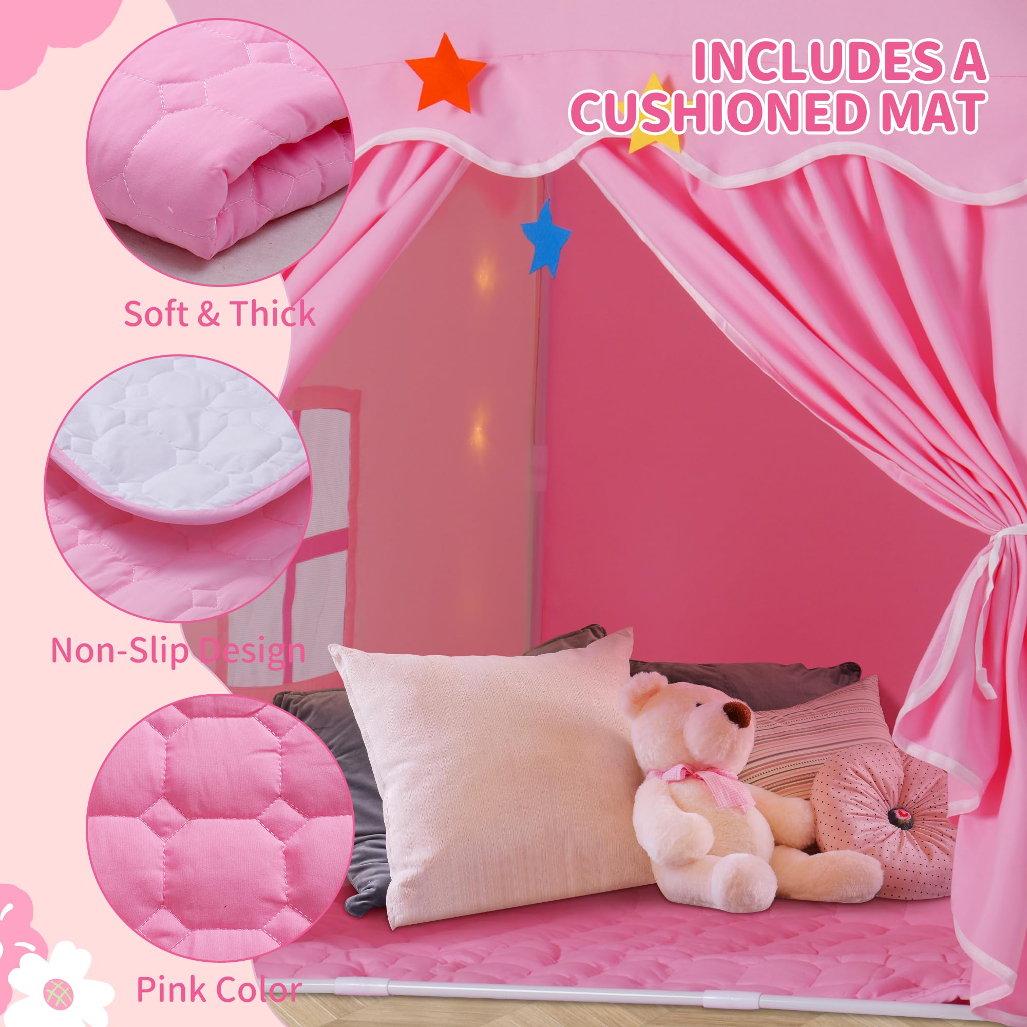 Kids Tent with Mat, Toddler Playhouse Girls Princess Castle Play Tent with Star Lights Toys for Children Indoor and Outdoor Games (Pink)