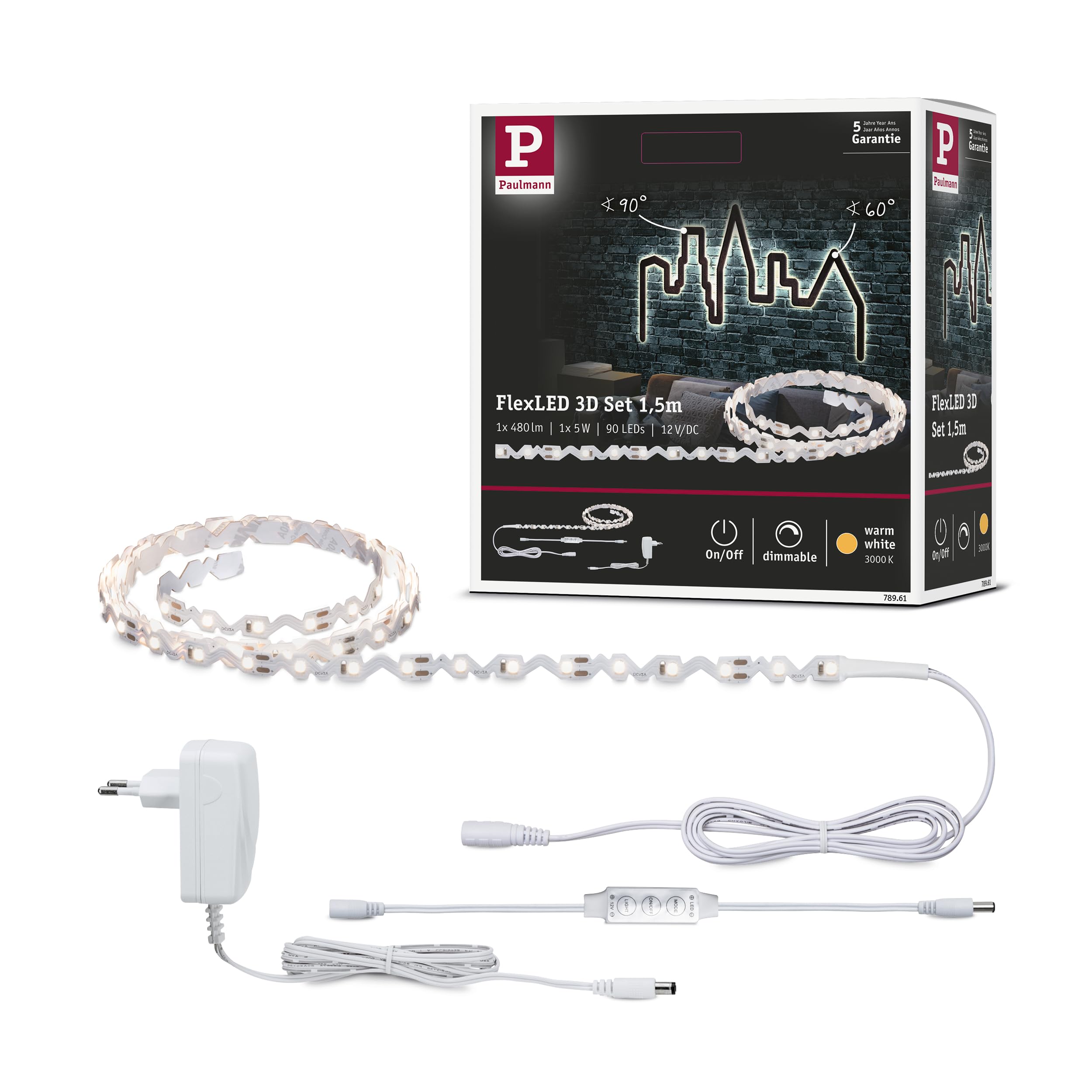 Paulmann 78961 LED Strip FlexLED 3D Basic Set 1.5m incl. 1x5 watt dimmable Lighting Strip White Light Strip Plastic LED Strip 3000 K