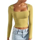 SUUKSESS Women Square Neck Long Sleeve Tops Double Lined Going Out T Shirts