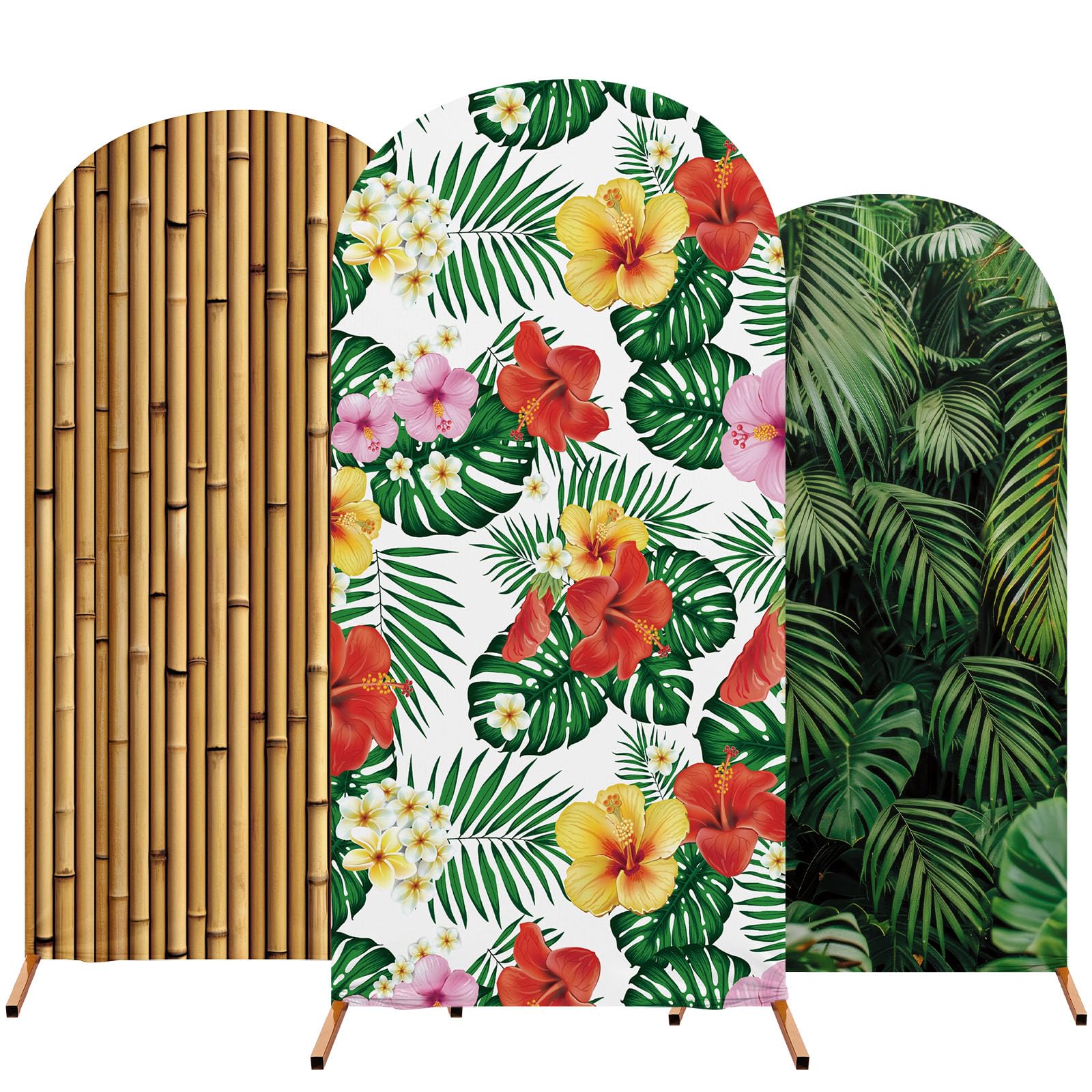 Photo 1 of Tingjoo Set of 3 Hawaii Arch Backdrop Cover, 4ft, 5ft, 6ft Tropical Theme Birthday Party Decoration, Spandex Fitted Arch Stand Covers for Summer Beach Birthday Party (Colorful,Floral, Bamboo)