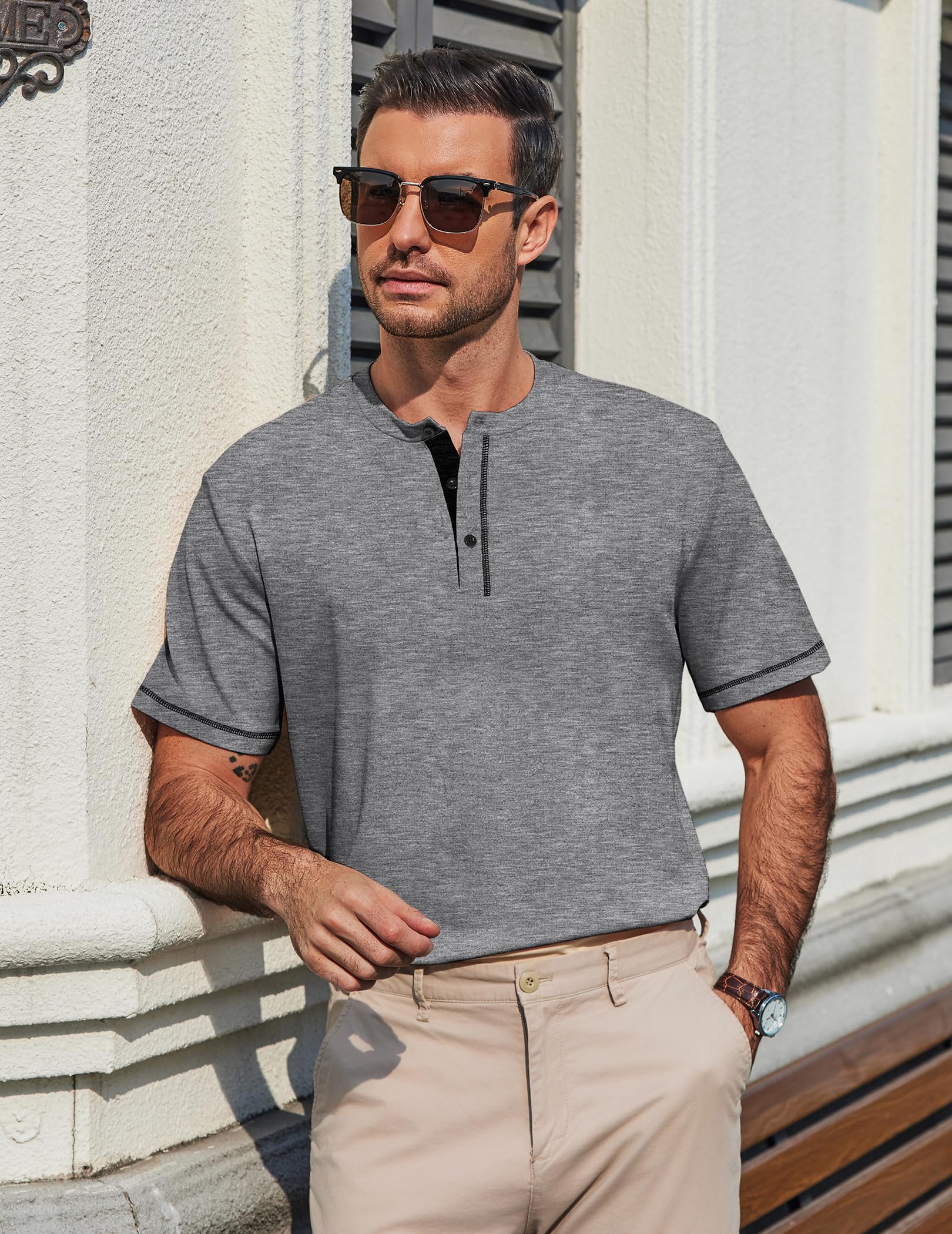 COOFANDY T Shirt Herren Baumwolle Herren Tshirt mit Knopfleiste Sommer Tee Männer Freizeit Shirt Regular Fit Dunkelgrau L 3